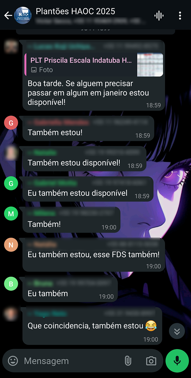 Dez médicos respondendo 'também estou disponível' para a mesma janela de plantões