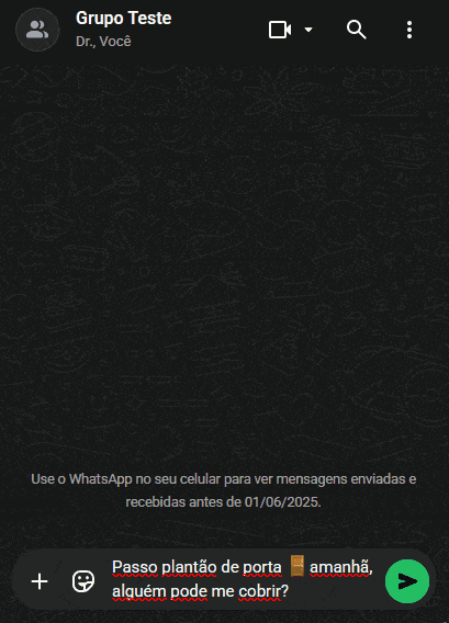 O assistente respondendo a um plantão em um grupo de WhatsApp